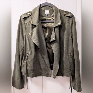 ELLISON, Faux Suede Moto Jacket, in Olive, Size Large.